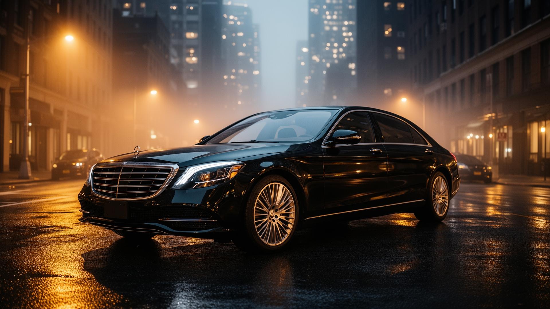 Black luxury sedan on a New York street at night
